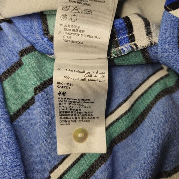 H&M Women Shirt Size 4 Blue Turquoise Stripe Button Back Coastal Nautical Preppy - Picture 8 of 10